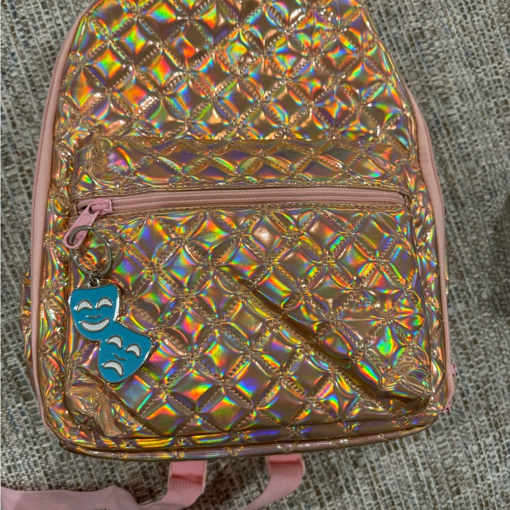 Holographic Quilted Backpack with Pink Accents